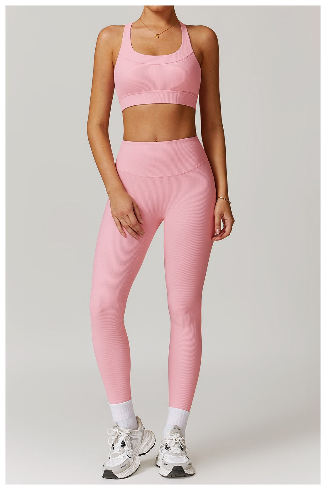 Pink Ribbed High-Waisted Yoga Leggings – Full Length | 4-Way Stretch & Eco-Friendly