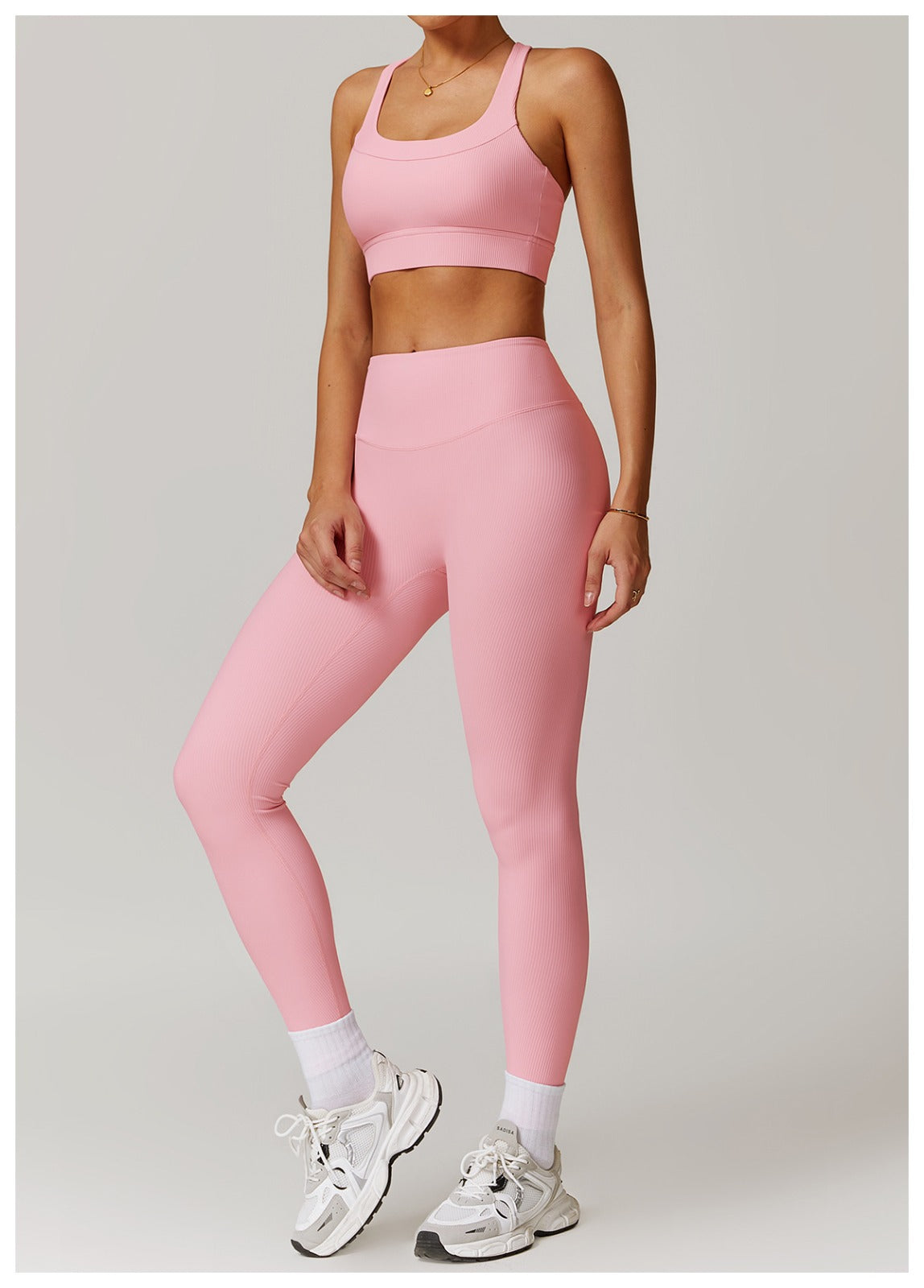 Pink Ribbed High-Waisted Yoga Leggings – Full Length | 4-Way Stretch & Eco-Friendly